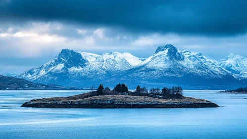 Peaceful Island and Snowy Mountain Scene