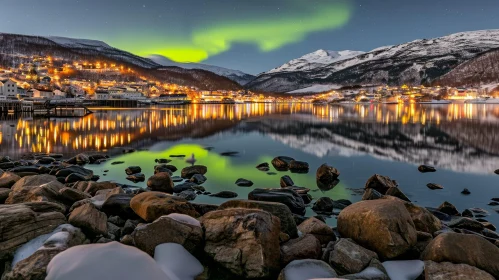 Majestic Winter Landscape in Norway with Fjord and Aurora Borealis
