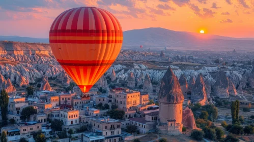 Mysterious Hot Air Balloon Over City in Cappadocia