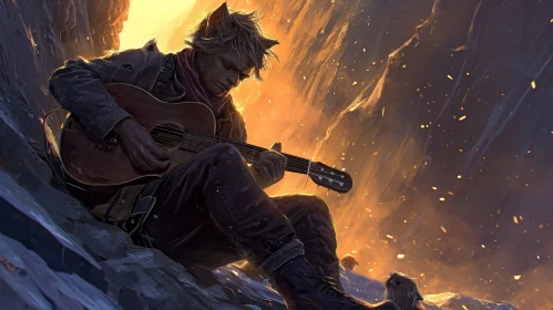 Post-Apocalyptic Scene: Lone Guitarist Amidst Rubble