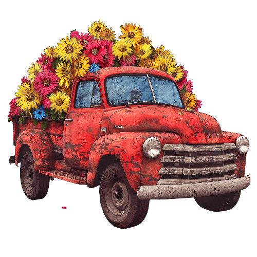 Red Vintage Truck with Floral Back on Transparent Background