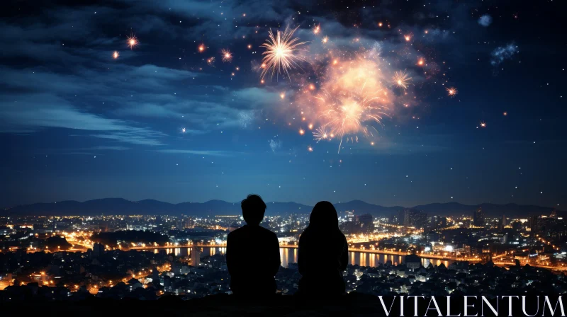 Romantic Fireworks Display: A Couple's Dreamlike Night AI Image