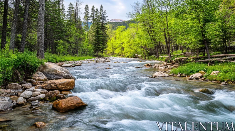 AI ART Forest River with Rocky Banks and Green Foliage