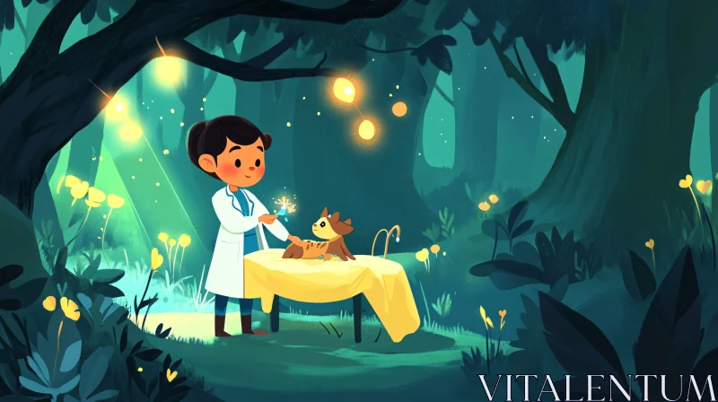 Cartoon Vet Caring for Forest Animal AI Image