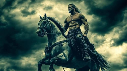 Muscular Warrior Riding Horse in Storm