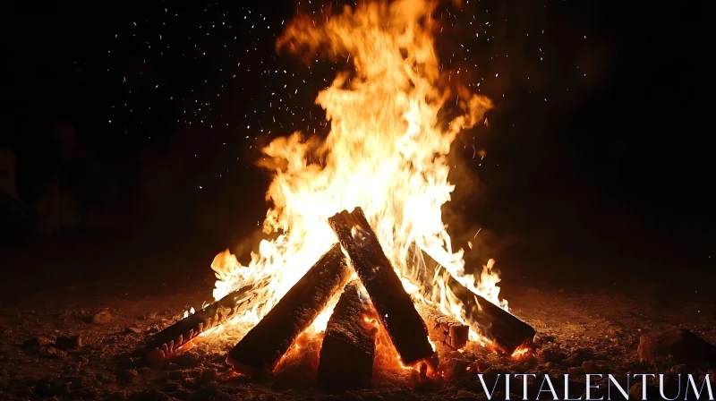 Nighttime Bonfire with Illuminating Flames AI Image