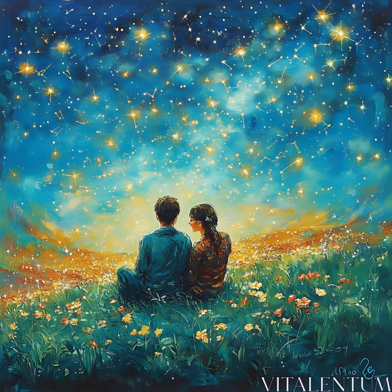 Couple Gazing at Stars in Flower Field AI Image