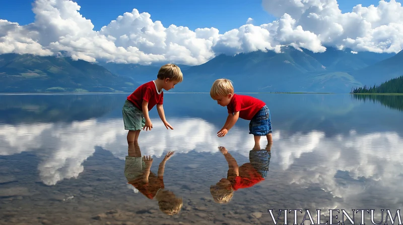 Lake Reflections: Children at Play AI Image