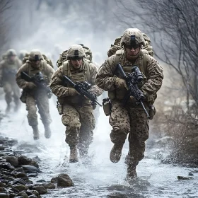 Soldiers Marching Through Stream