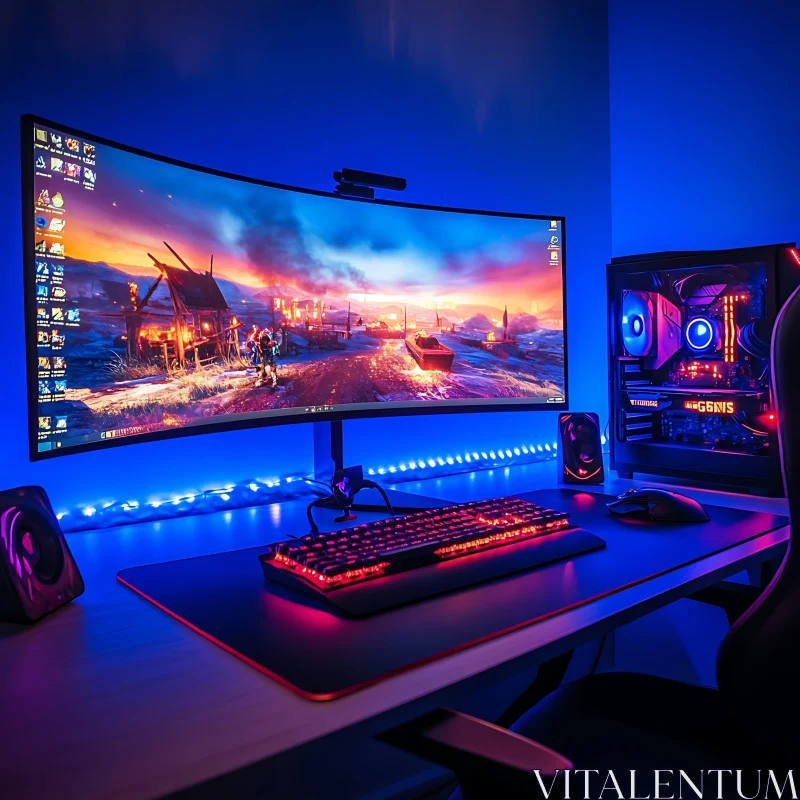 High-Tech Gaming Desk with Colorful Ambiance AI Image