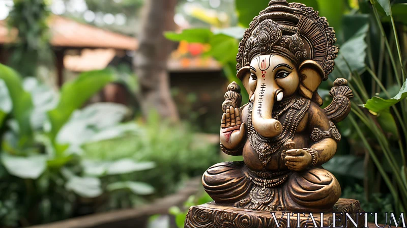 Ganesha Statue in Tranquil Garden Setting AI Image