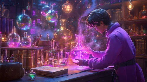 Wizard Creating Potion in Magic Laboratory