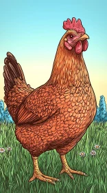 Artistic Hen Depiction on Meadow