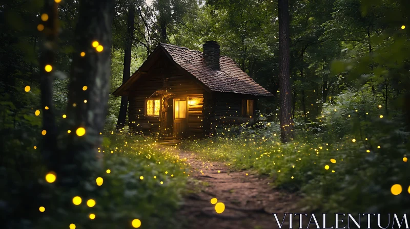 AI ART Firefly Lit Cabin in Forest