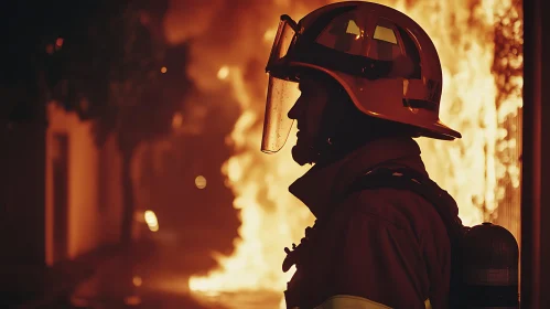 Silhouetted Firefighter in Front of a Blaze