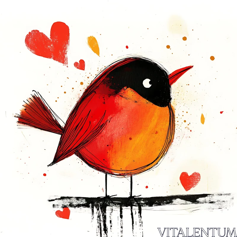 Cute Red Bird with Love Hearts AI Image