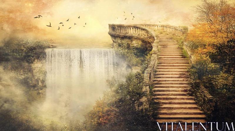 Stone Steps to Waterfall Bridge AI Image
