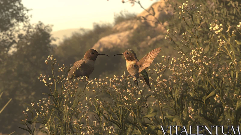 Two Hummingbirds in a Field of Flowers AI Image