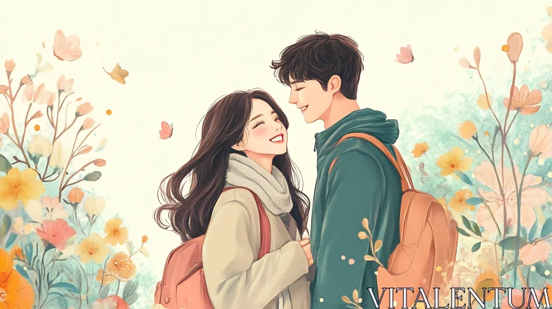 Romantic Couple with Flowers Illustration AI Image