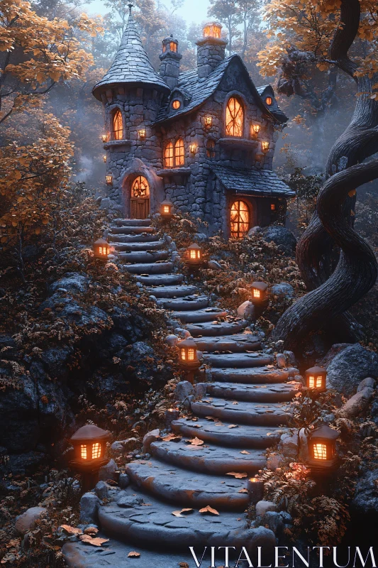 AI ART Whimsical Forest Home with Lanterns