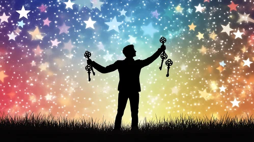 Man with Keys Under Starry Sky