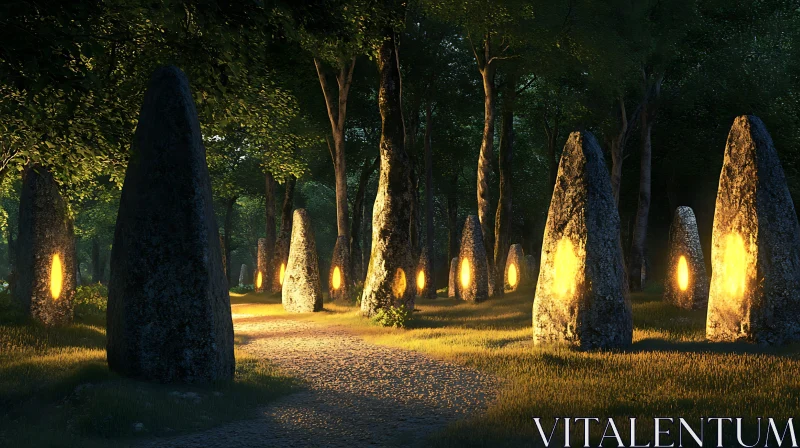 Mystical Stone Forest: A Glowing Path AI Image