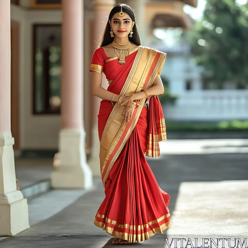 Indian Woman in Red and Gold Saree AI Image