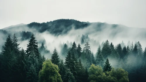 Atmospheric Forest Landscape with Fog and Mountain