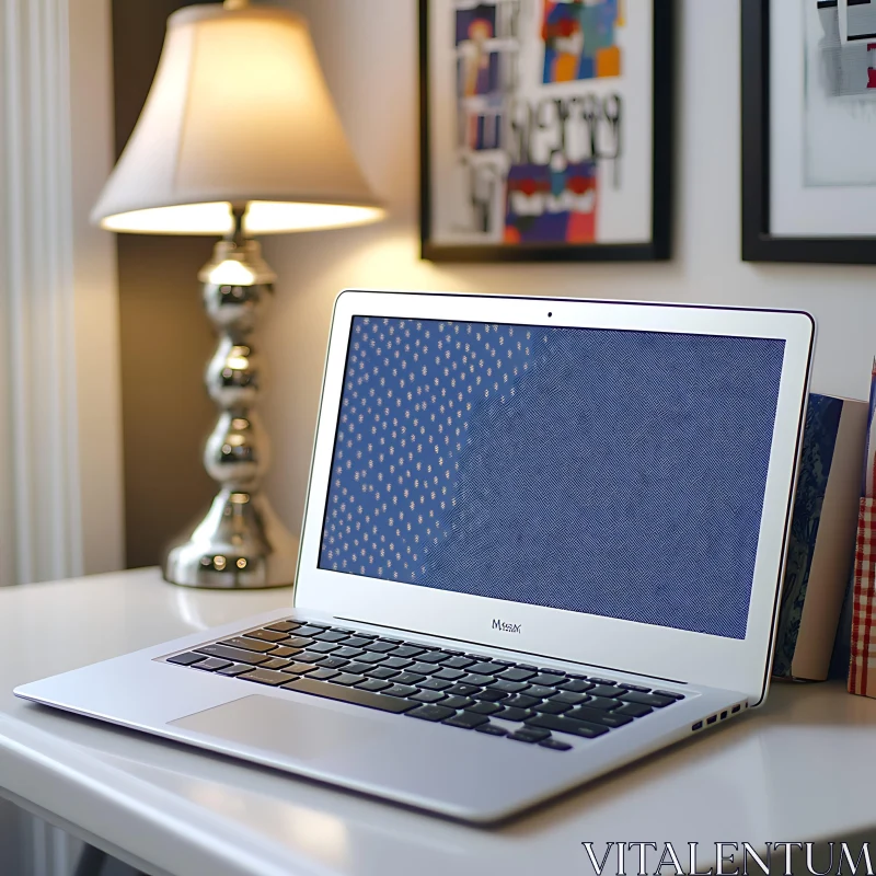 Sleek Laptop on White Desk with Art Decor AI Image