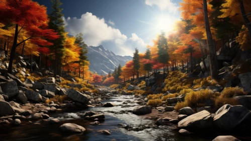 Captivating Rocky River Landscape with Vibrant Trees | Vray Tracing