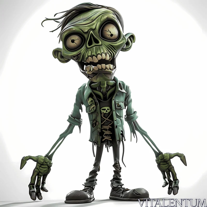 Cartoon Zombie with Green Skin and Red Eyes AI Image