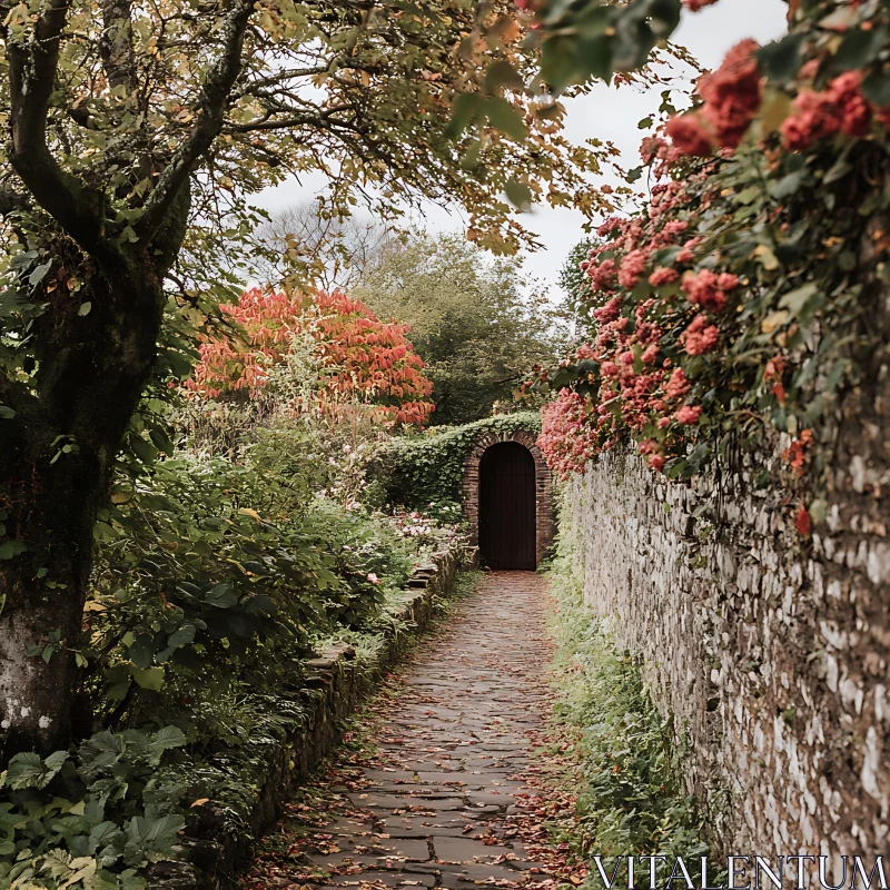 Charming Garden Path with Lush Greenery and Flowers AI Image