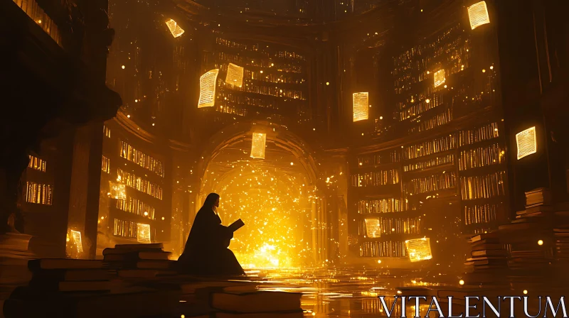 Ancient Library with Floating Books AI Image