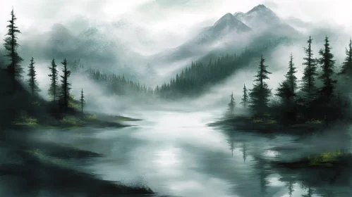 Peaceful Misty Lake with Forest