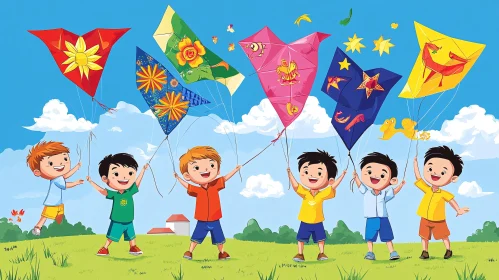 Cartoon Kids with Kites on Green Field