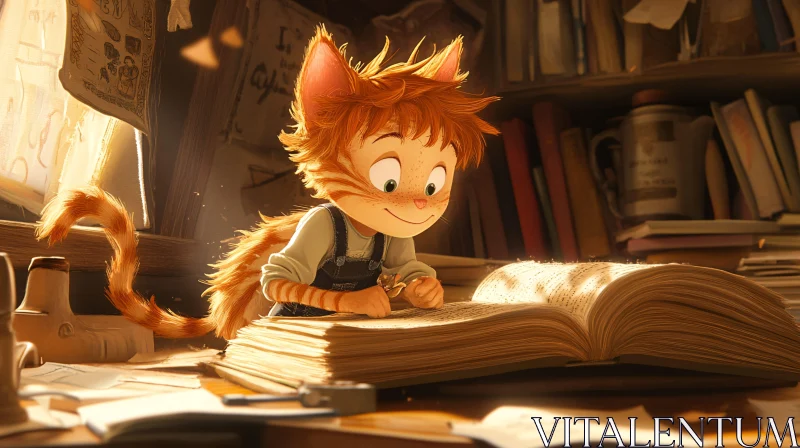 Cartoon Cat Reading Story AI Image