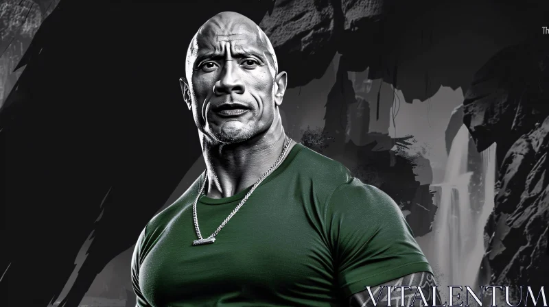 Dwayne 'The Rock' Johnson in Monochrome with Waterfall Backdrop AI Image