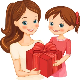 Cartoon of Mother and Child with Present