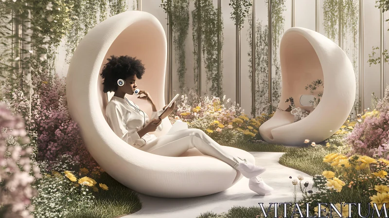 AI ART Woman Relaxing in Garden with Pod Chair