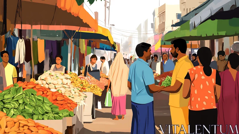 Vibrant Market Artwork with Crowds AI Image