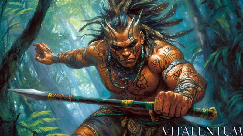 AI ART Tribal Warrior in Lush Jungle Setting