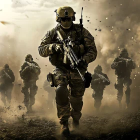 Military Unit Advancing Through Smoke