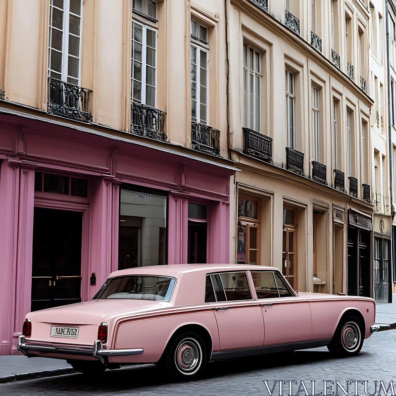 Classic Pink Car on European Cobblestone Street AI Image