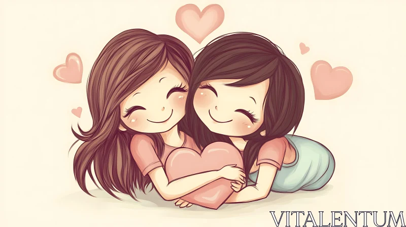 AI ART Cartoon Girls Hugging Heart