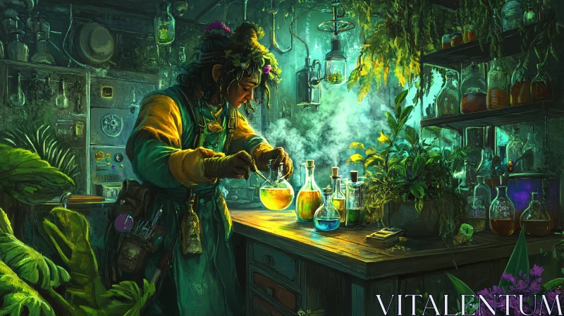 Potion Mixing in Herbalist Laboratory AI Image