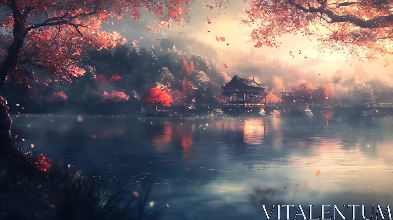 Peaceful Autumnal Lake with Japanese Building AI Image