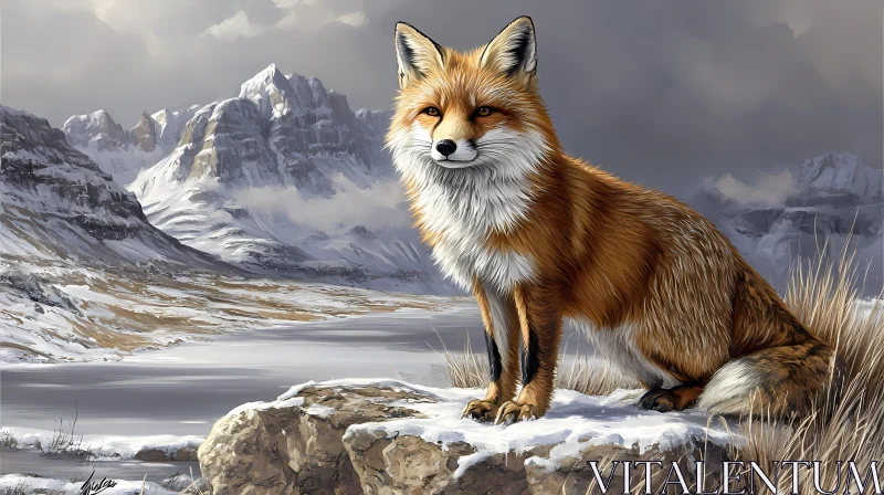 Graceful Fox on Snowy Mountain AI Image