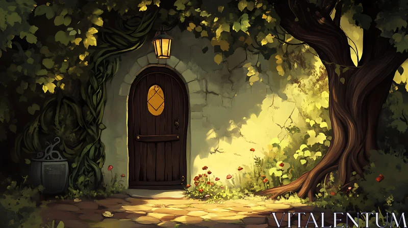 Whimsical Doorway in a Stone Wall AI Image