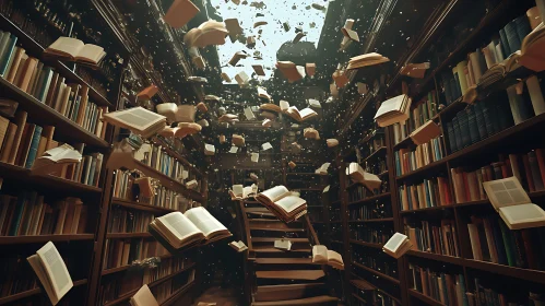 Whimsical Library Scene with Flying Books