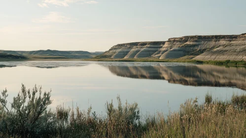 Peaceful Lake with Cliffs and Grasslands